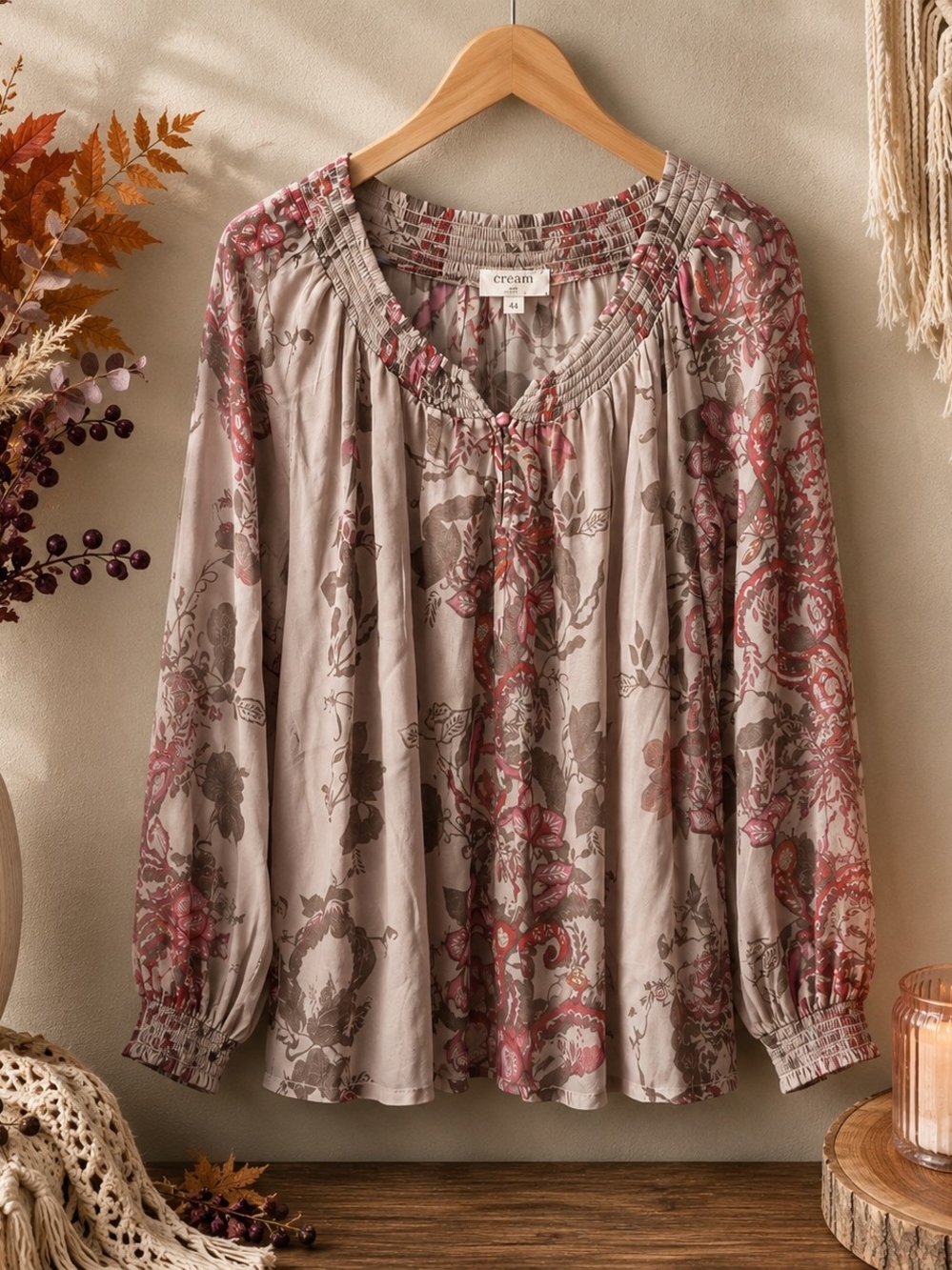 Cream Size 42 Floral Boho Viscose Peasant Blouse Pink Taupe Long Sleeve